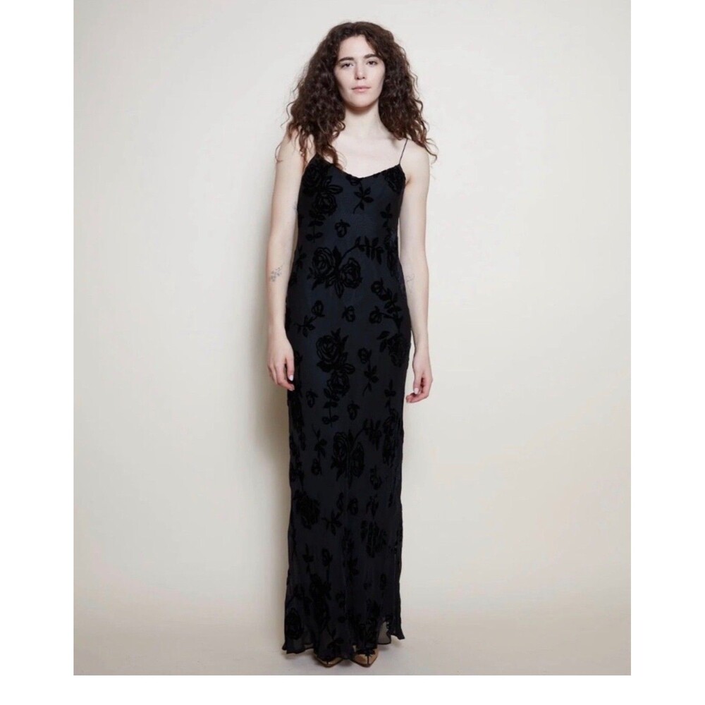 Lauren Ralph Lauren Y2K Silk Velvet Burnout Rose Maxi Slip Dress 10 Lace Up Back